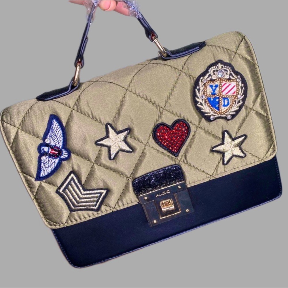 ALDO Quilted Top-Handle Crossbody Bag in Army Green w/ Military Patchwork